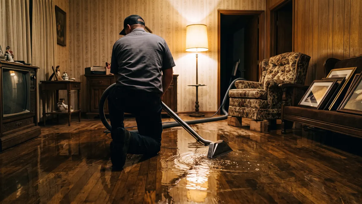 Technician seen from behind guiding an extraction wand across a flooded wood floor in an older Irving living room